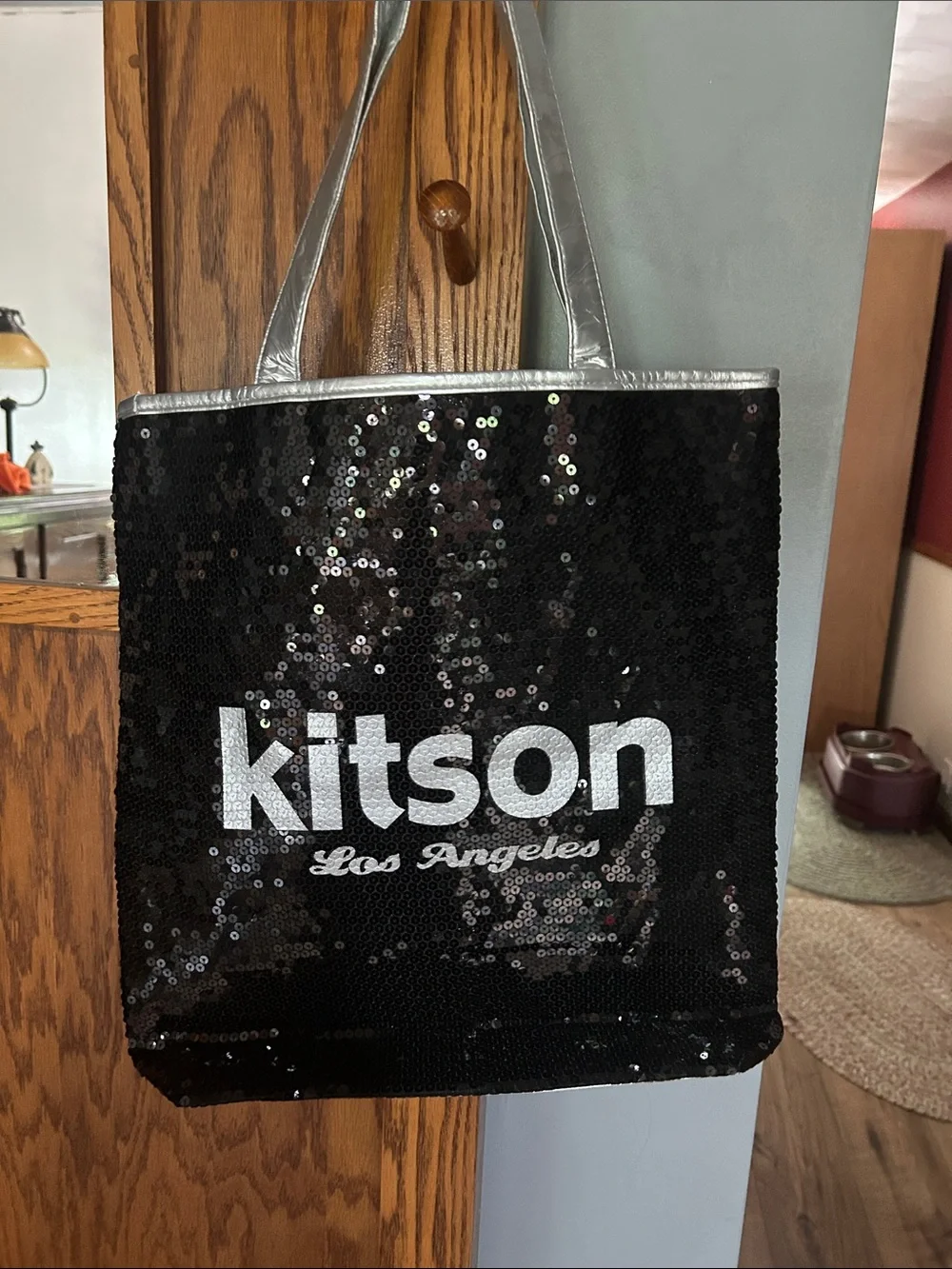 Kitten Black Sequin Tote with Silver Handles